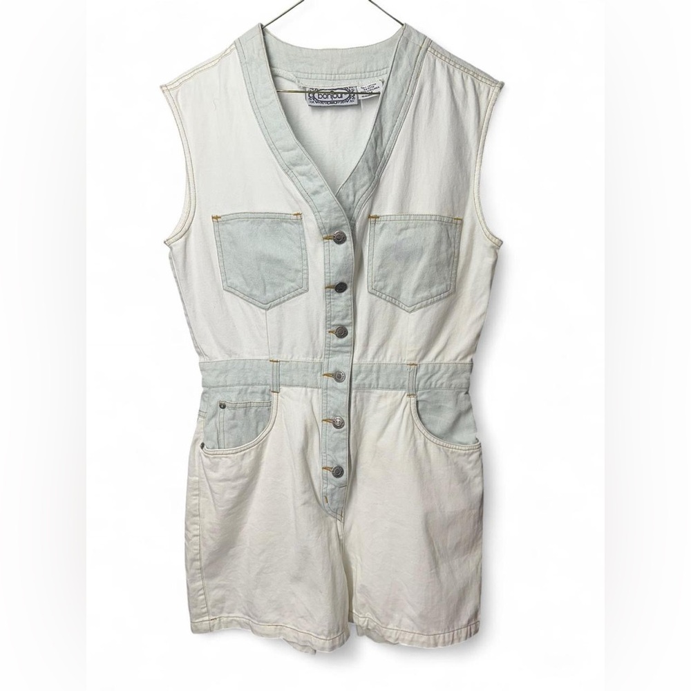 Bonjour 90s White and Light Blue Denim Romper Button-up Front and Pockets Medium